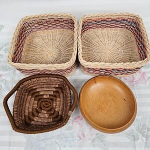 Set of‎ 4 Woven Baskets and Wooden Bowl Decorative Storage Organizer